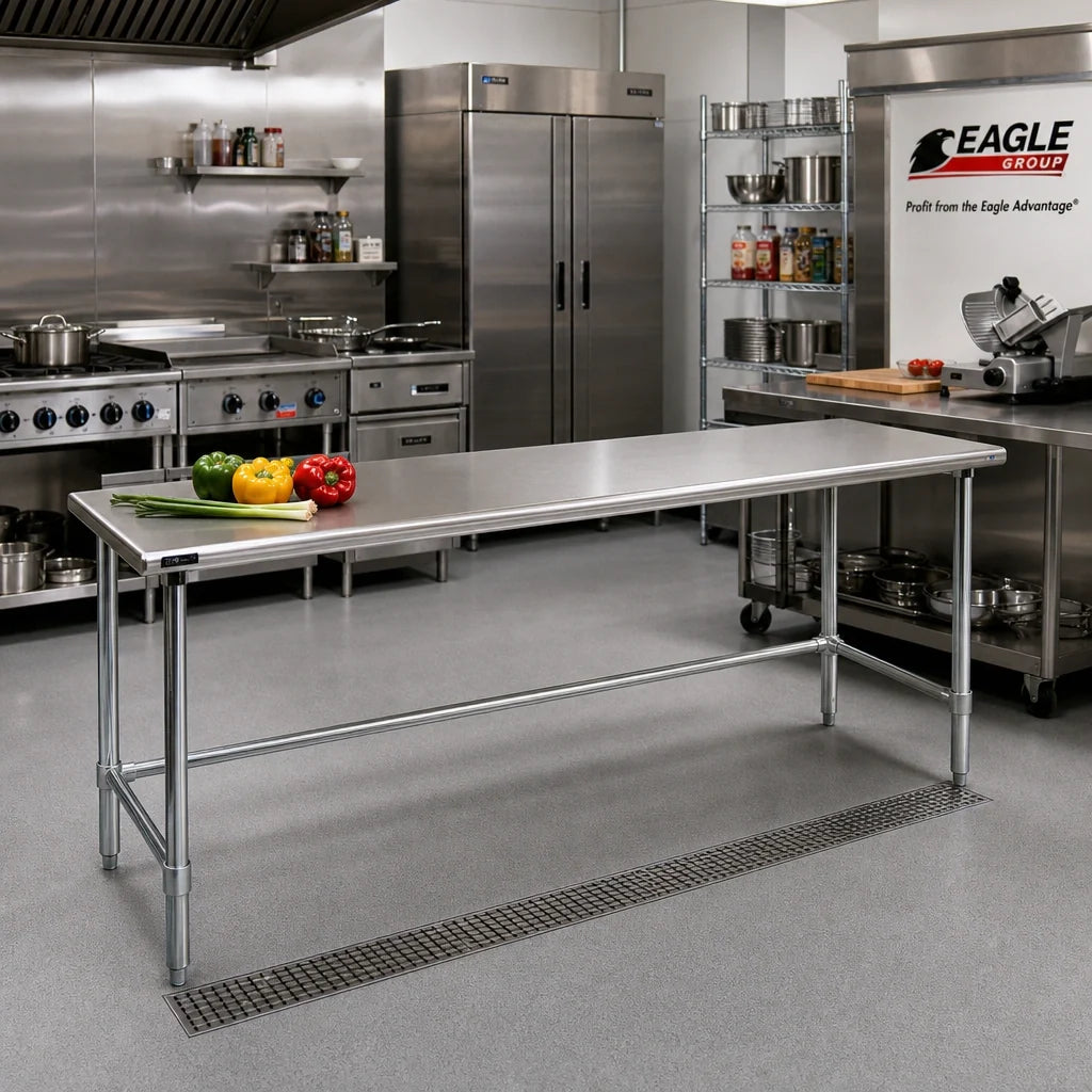 Eagle Group Spec-Master T36144STE 144 x 36-Inch Stainless Steel Work Table, Open Base with Rolled Edges and Crossrails