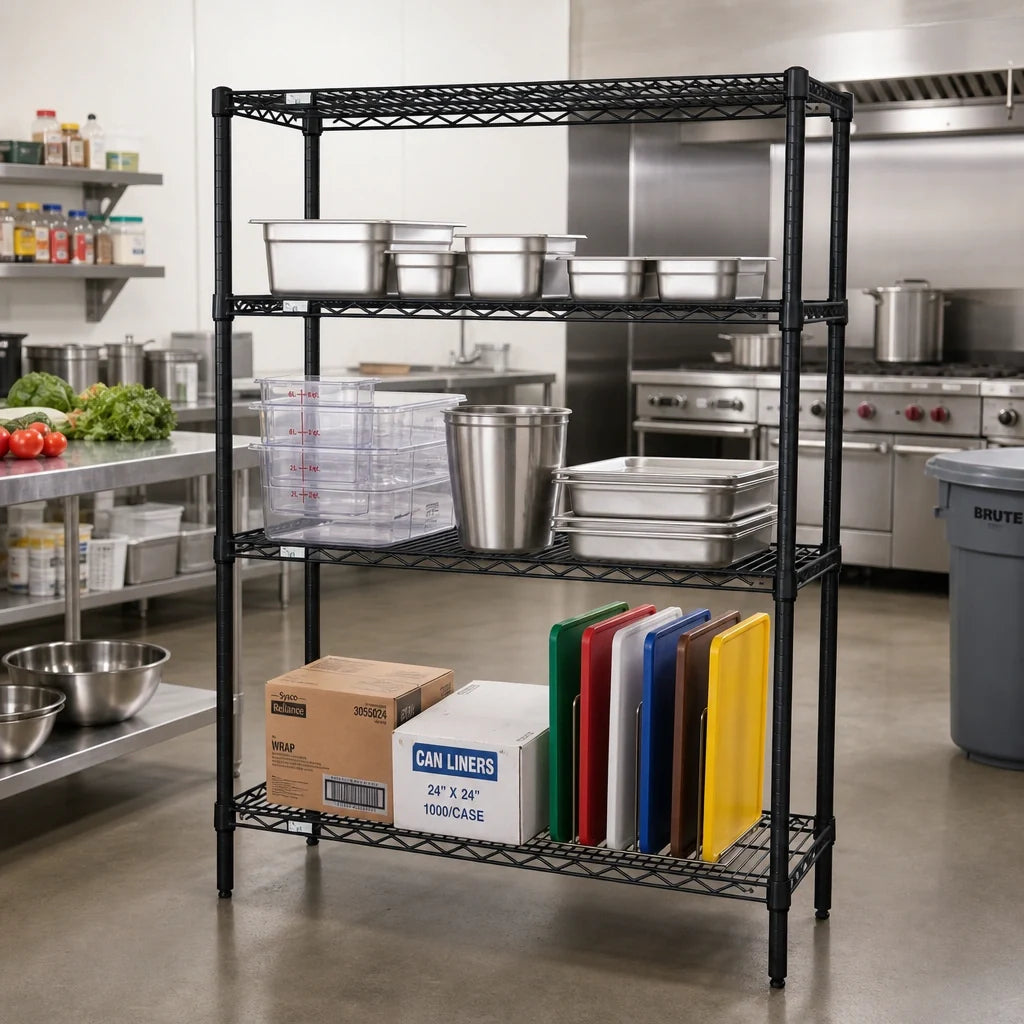 Quantum WR63-1448BK Stationary Black Epoxy Wire Shelving Starter Kit, 48"W x 14"D x 63"H, 4 Shelves, 4 Posts