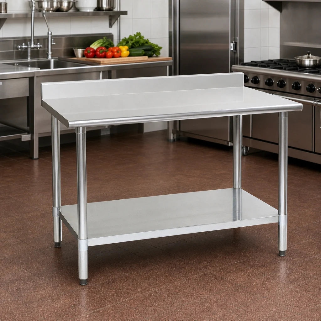 Eagle Group Budget Series T2460B-BS 60" x 24" 430 Stainless Steel Work Table with 4-1/2" Backsplash and Adjustable Undershelf