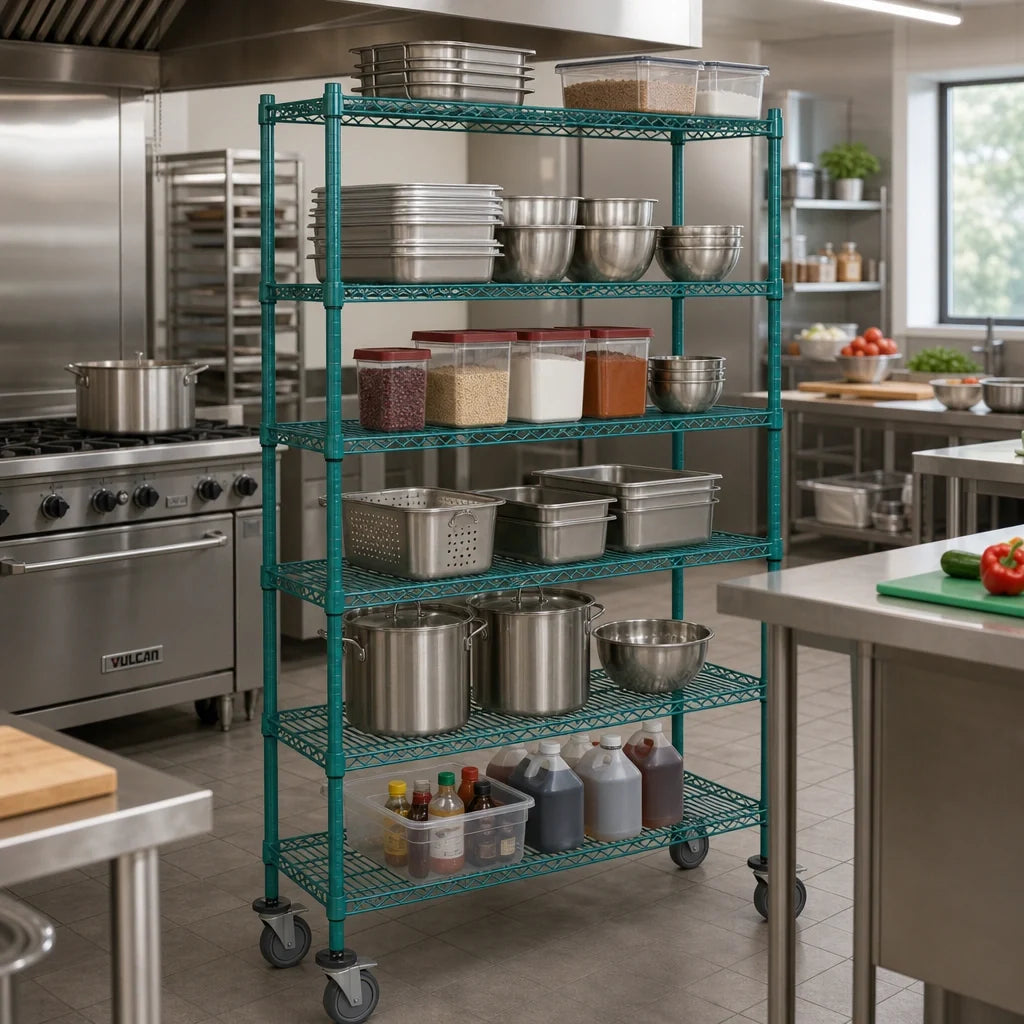 Quantum M1860P47-5 5-Shelf Mobile Wire Shelving Cart, 60 x 18 x 80 Inches, Green Epoxy Coated
