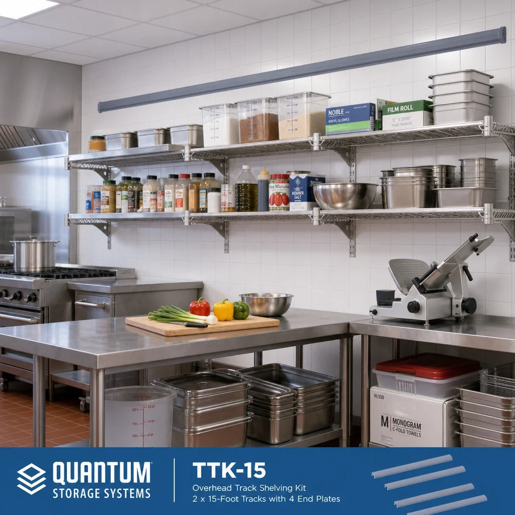 Quantum TTK-15 Overhead Track Shelving Kit, Aluminum, Chrome, Includes 2 15-Foot Tracks and 4 End Plates