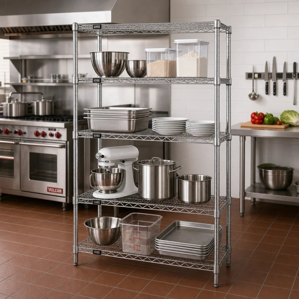 Quantum WR74-1836C Wire Shelving Starter Kit, 36"W x 18"D x 74"H, Chrome-Plated, Stationary, 4 Shelves