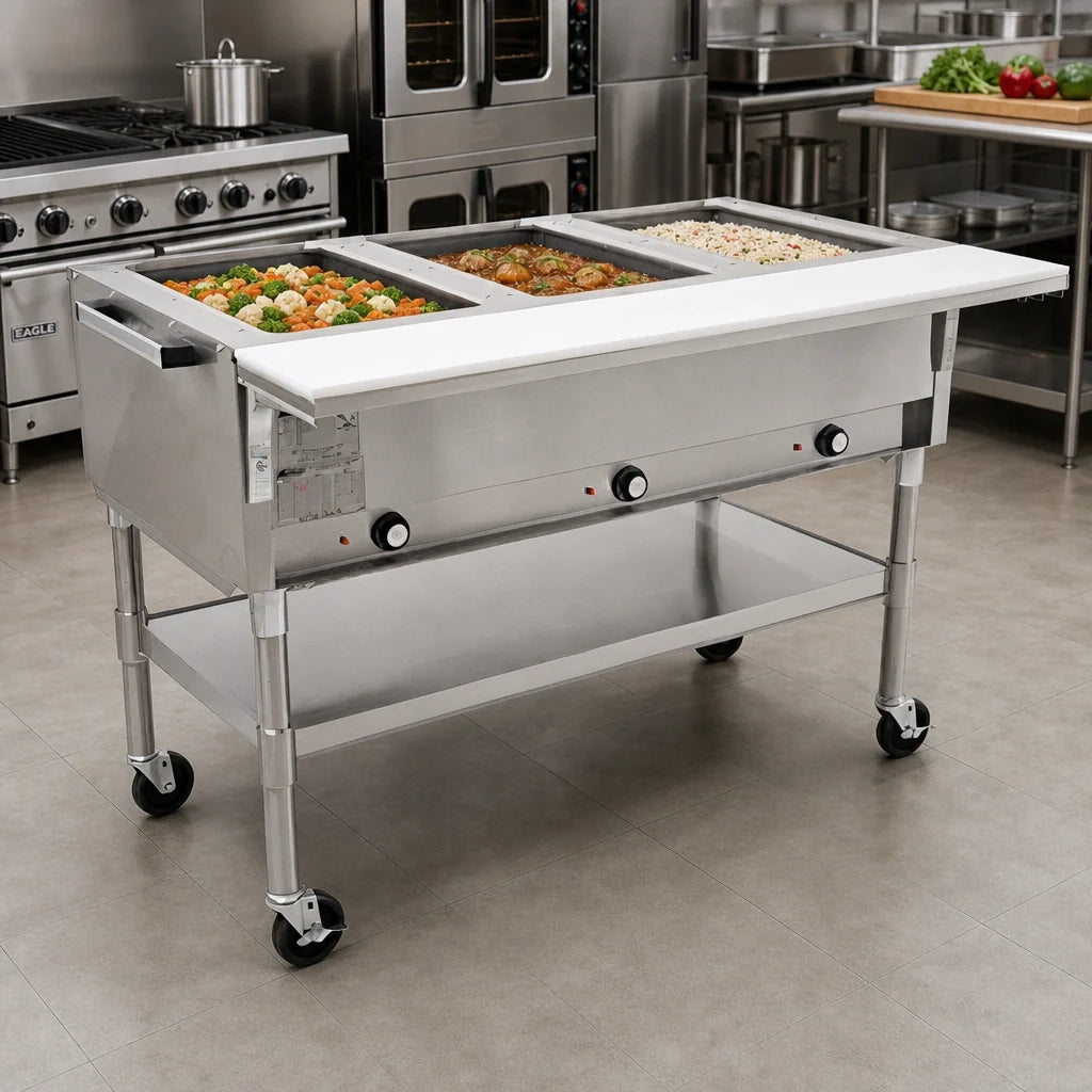 Eagle Group SPDHT3-208-3 Mobile Electric Hot Food Table, 3 Dry Wells, Open Base, Cutting Board, 208V