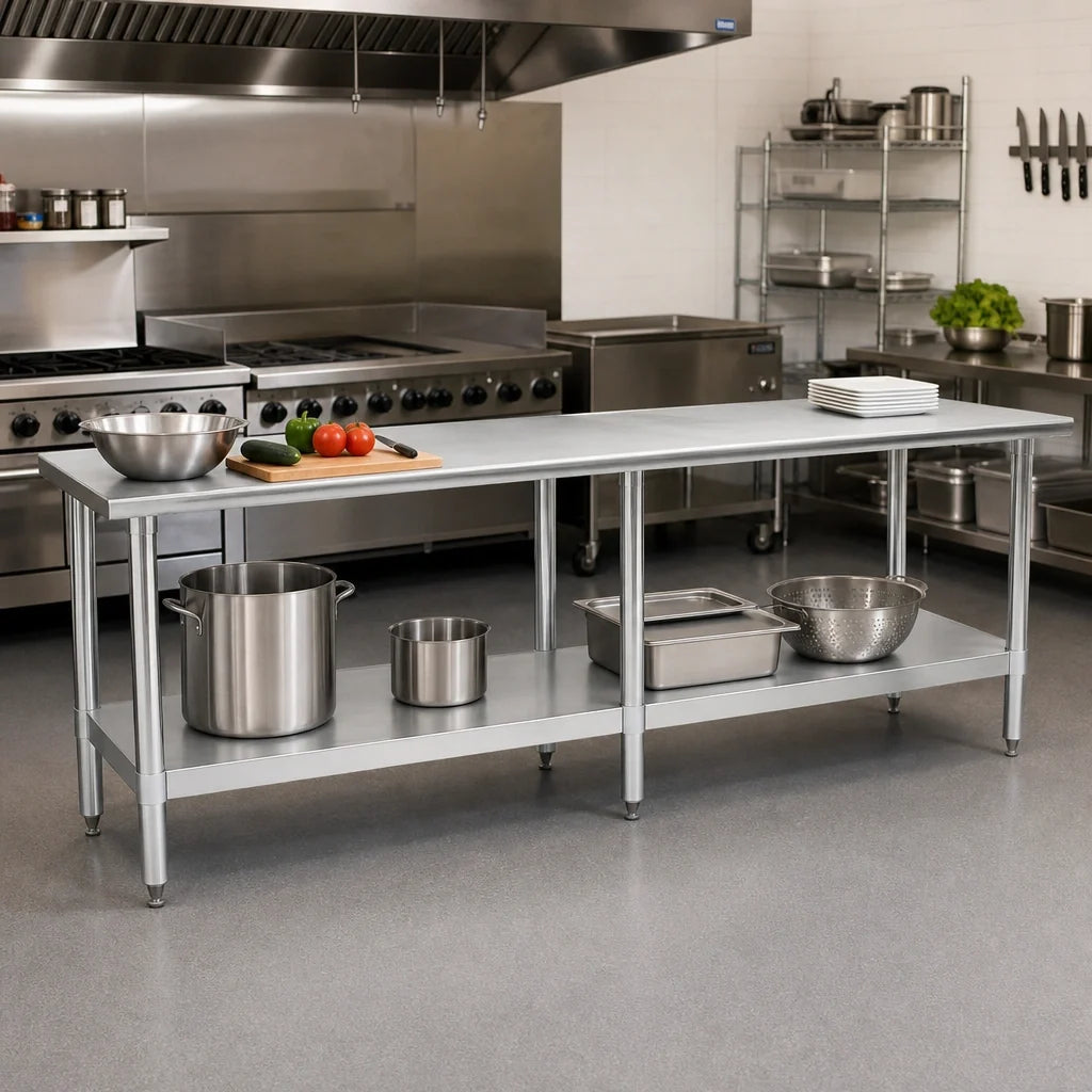 Eagle Group Deluxe T24144EB Stainless Steel Work Table with Adjustable Galvanized Undershelf, 144 x 24 Inches, 16-Gauge 300 Series Top