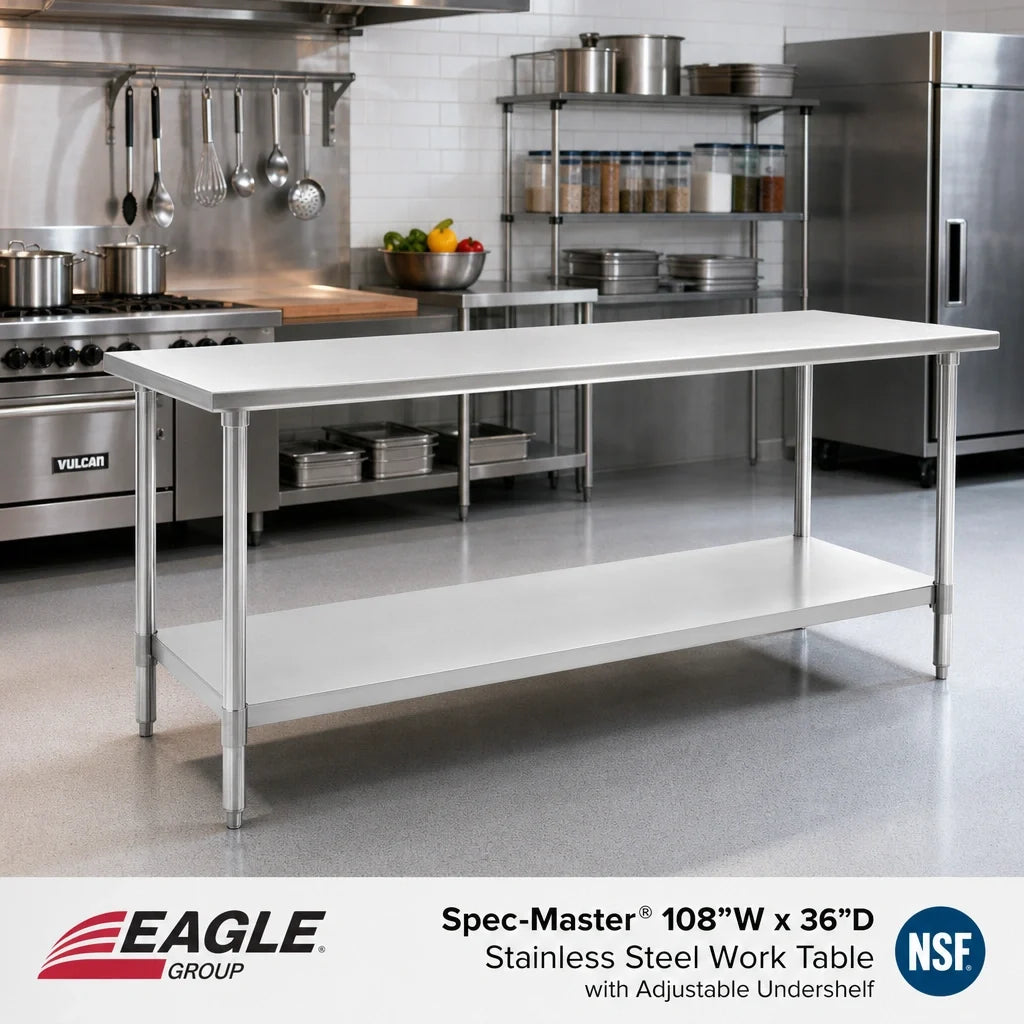 Eagle Group Spec-Master T36108SE 108" W x 36" D Flat-Top Stainless Steel Work Table with 14-Gauge 300-Series Top and Adjustable Undershelf