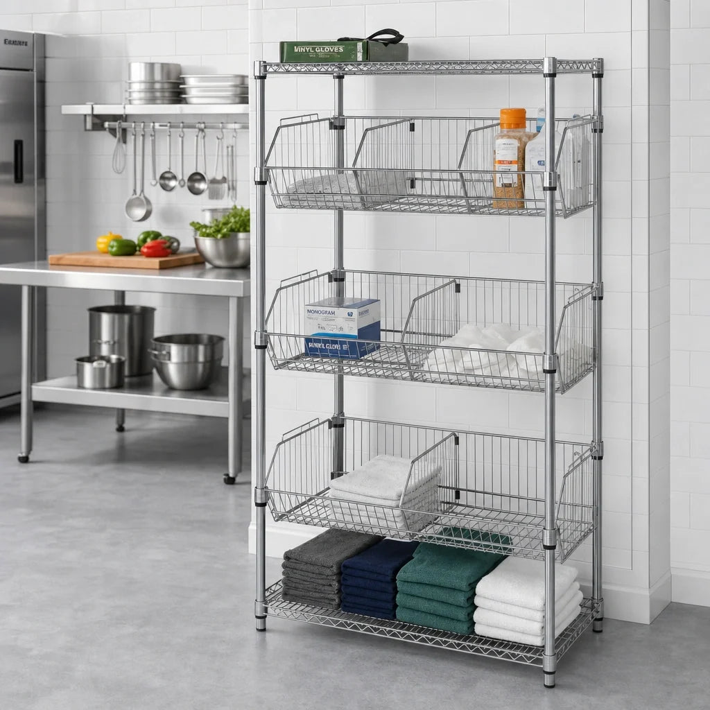 Quantum 1848BC6C Stationary Wire Basket Unit, 48W x 18D x 63H, 3 Adjustable Baskets, Chrome-Plated