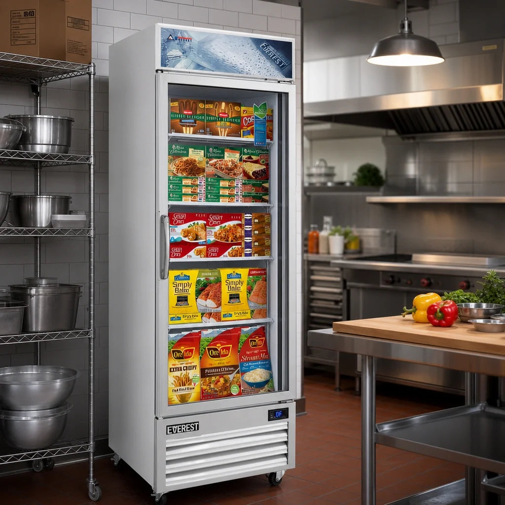 Everest Refrigeration EMGF23 23 Cu. Ft. 1-Section Glass Door Merchandiser Freezer, Bottom-Mounted Refrigeration, Locking Door