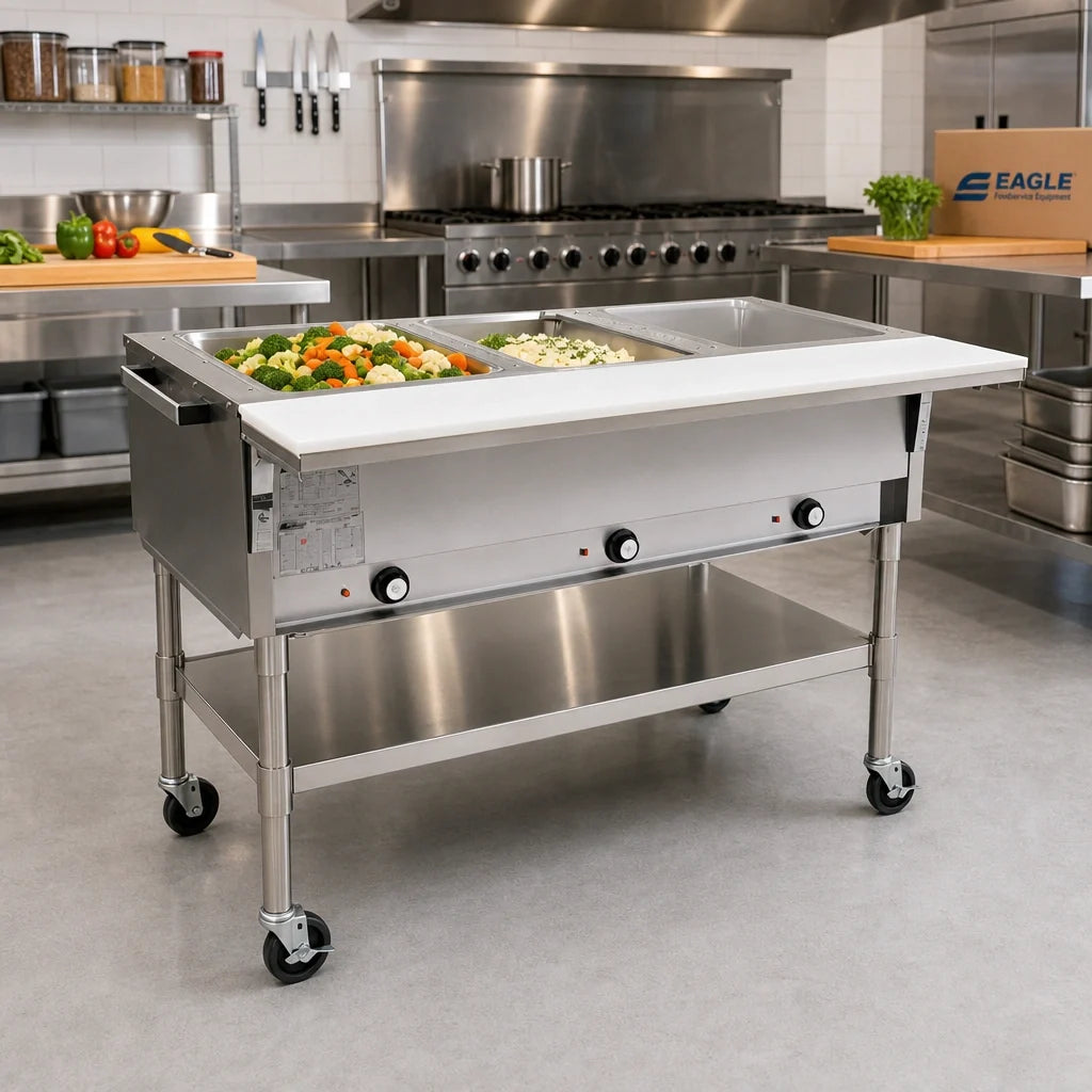 Eagle Group SPDHT2-120 36-Inch Mobile Electric Hot Food Table, 2 Dry Wells, Open Base, Stainless Steel, 8-Inch Cutting Board