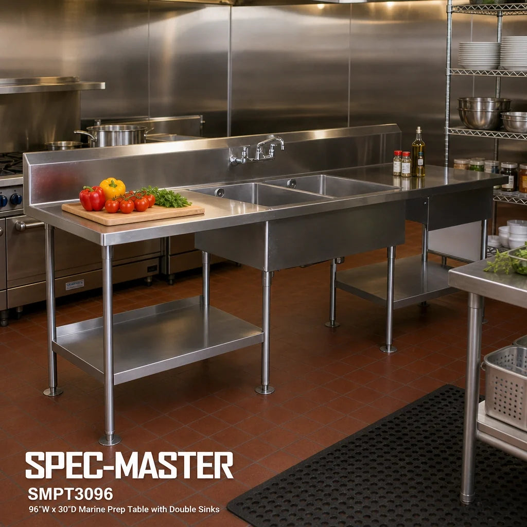 Eagle Group Spec-Master SMPT3096 96"W x 30"D 14-Gauge 304 Stainless Steel Marine Prep Table with Double Sinks, 10" Backsplash and Poly Cutting Board