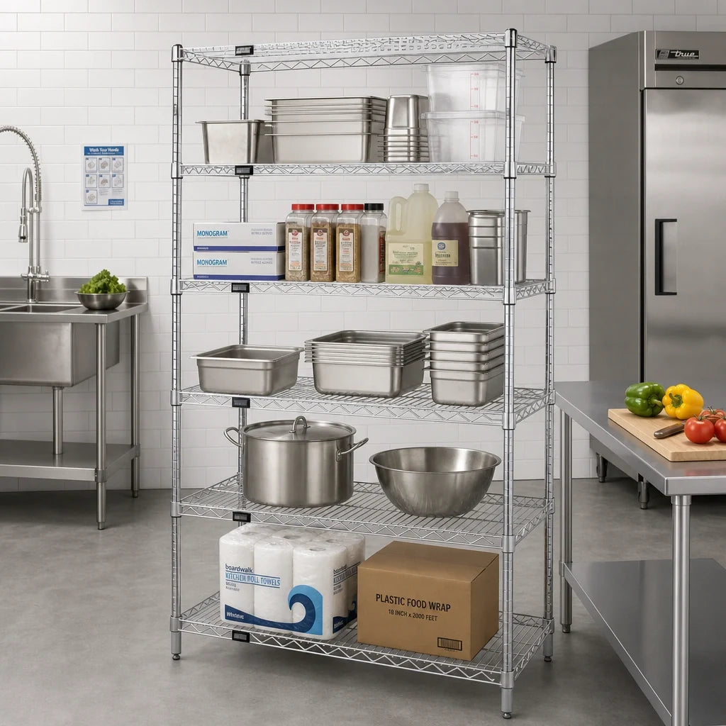 Quantum WR86-1448C-5 Chrome Wire Shelving Starter Unit, Stationary, 5 Shelves, 48W x 86H
