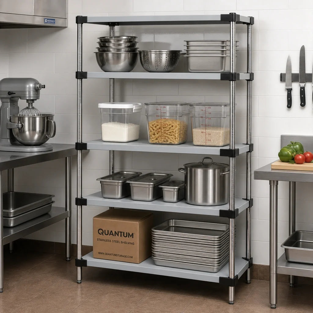 Quantum WRS4-74-1460SS 304 Stainless Steel Solid Shelving Starter Kit, 4 Shelves, Stationary, 60"W x 14"D x 74"H