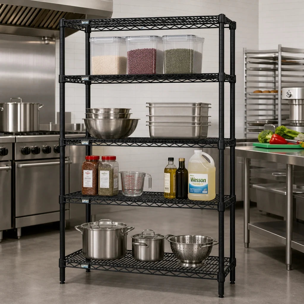 Quantum WR63-1236BK Wire Shelving Starter Unit, 36"W x 12"D x 63"H, 4 Shelves/4 Posts, Black Epoxy, 600-800 lb.