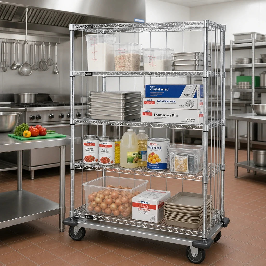 Quantum MD1860C47RE Mobile Enclosure Wire Shelving Cart, 4 Shelves, 60W x 18D x 81H, Chrome Finish