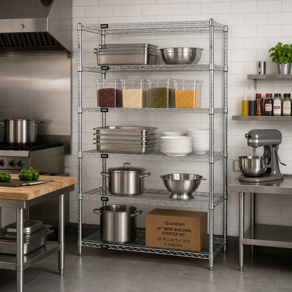 Quantum WR74-3042C-5 Wire Shelving Starter Unit, 42"W x 30"D x 74"H, 5 Shelves, Chrome-Plated, Stationary