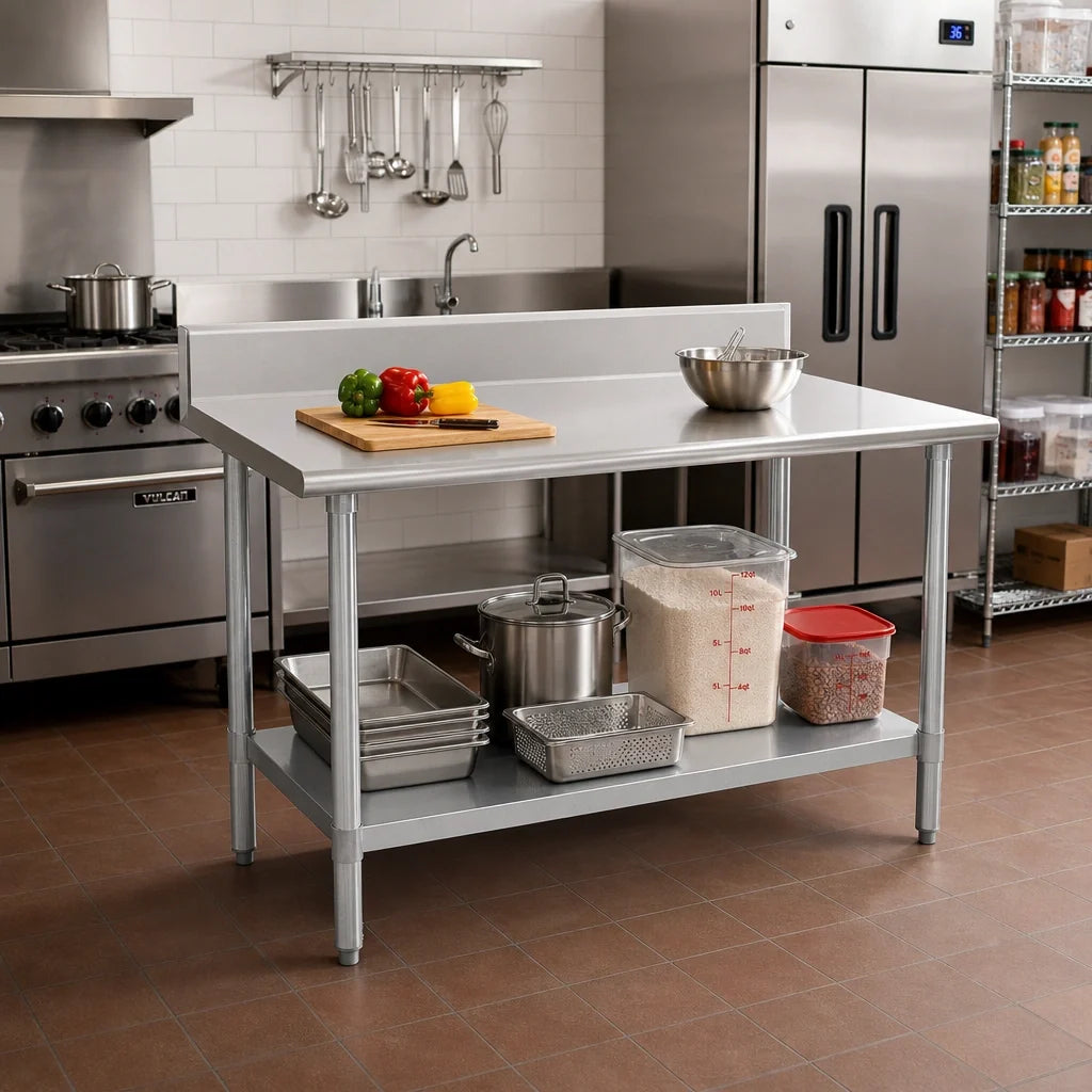 Eagle Group Spec-Master T3648E-BS 48" x 36" 14-Gauge 300 Series Stainless Steel Work Table with Backsplash and Adjustable Galvanized Undershelf