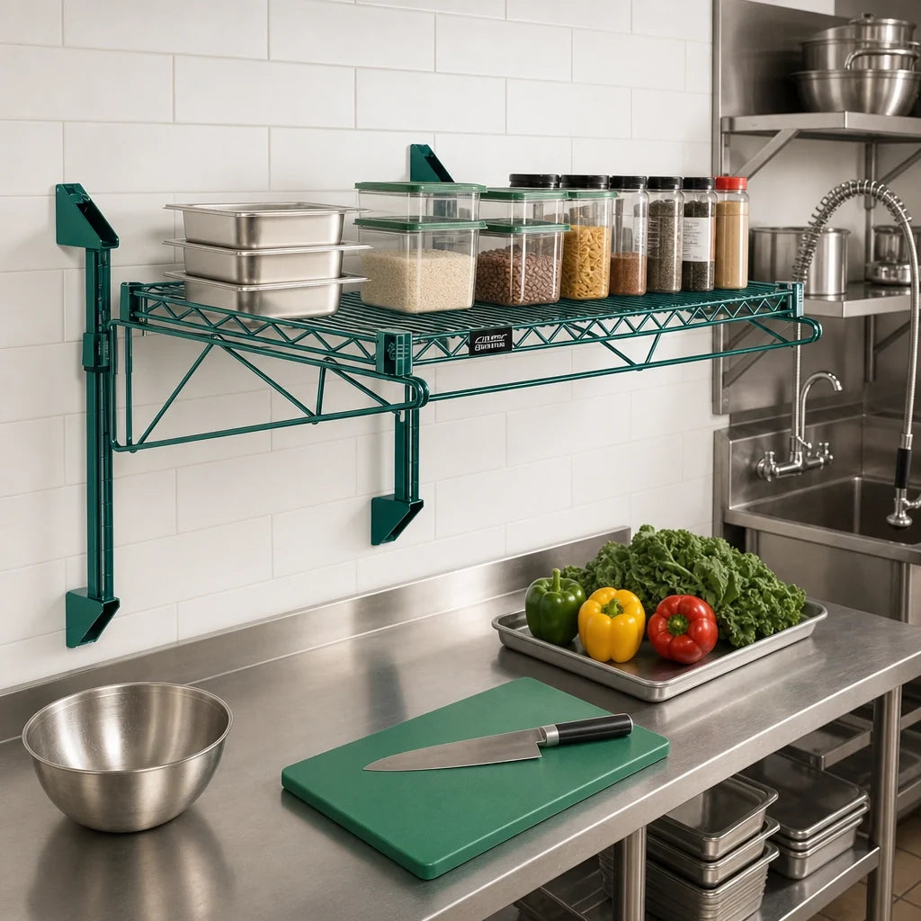 Quantum WC14-CB1260P Wall-Mount Cantilever Wire Shelf, Single-Tier, 60"W x 12"D, Green Epoxy Finish