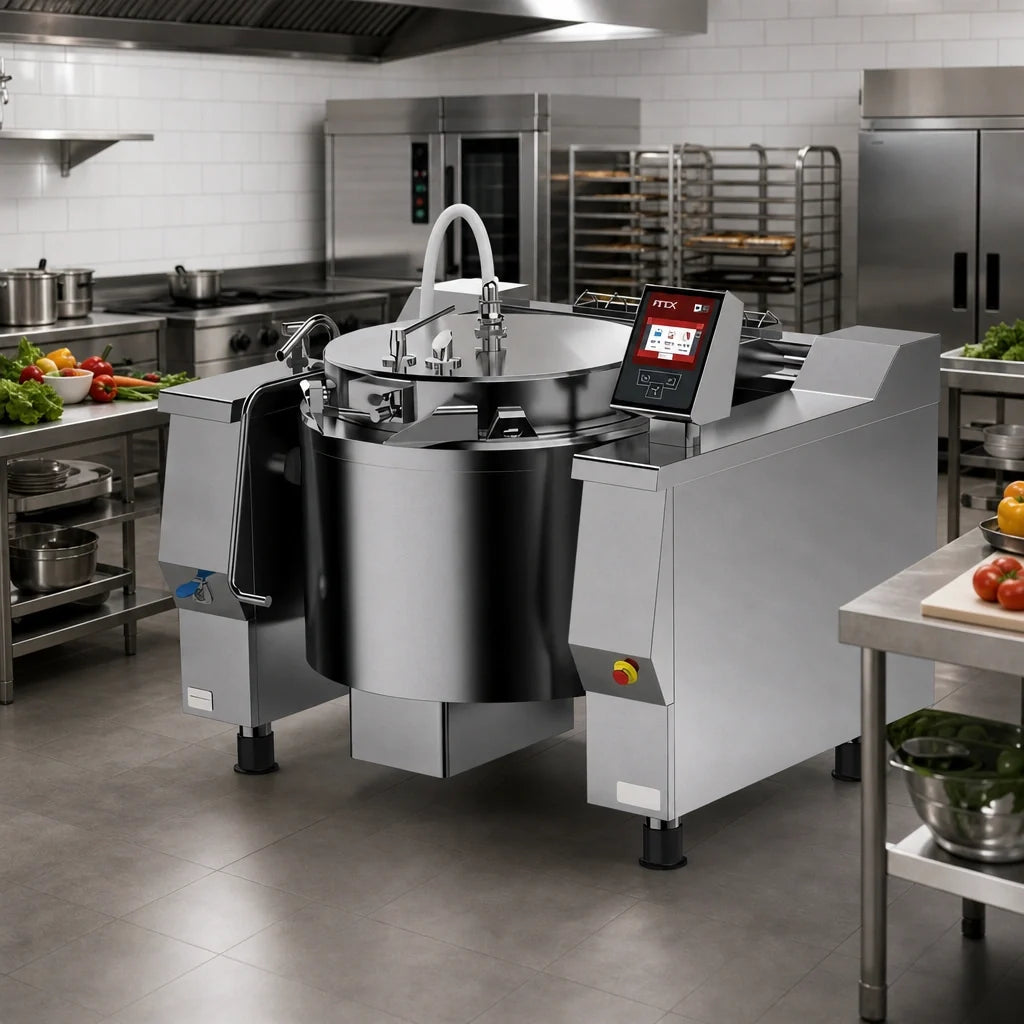 Firex (Middleby) Cucimix UCBTE048AV1 48-Gallon Electric Tilting Pressure Braising Pan with Programmable Touchscreen and Automatic Mixer