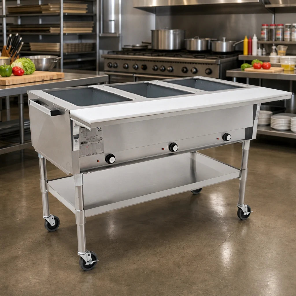 Eagle Group SPDHT3-240 Portable Electric Hot Food Table, 3 Dry Wells, Open Base, Cutting Board, Mobile, 240V
