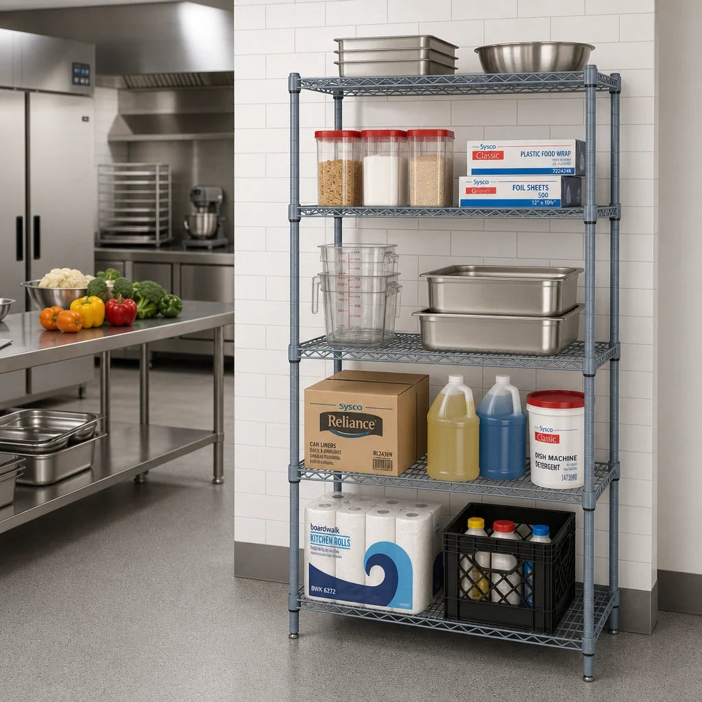 Quantum WR54-1442GY-5 42"W x 14"D x 54"H 5-Shelf Wire Shelving Starter Unit, Gray Epoxy