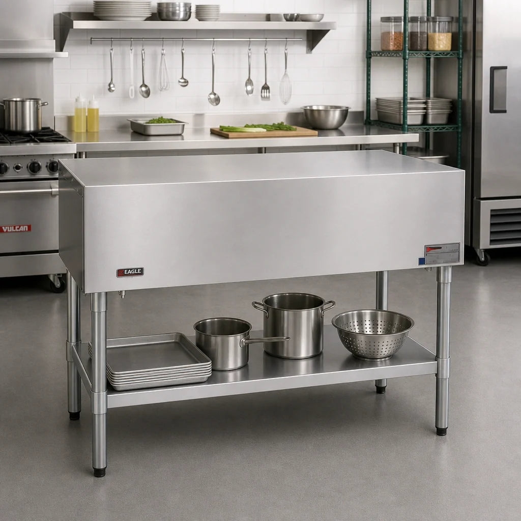 Eagle Group SST-4 Stainless Steel Utility Serving Counter, Open Base, Flat Top, 63-1/2"W x 22-1/2"D x 35-1/2"H