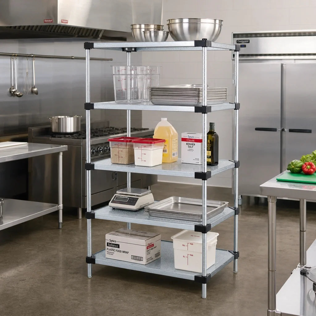 Quantum WR74-2424SG-5 Stationary Solid Shelving Starter Unit, 24"W x 24"D x 74"H, 5 Shelves, Galvanized Steel with Chrome Posts