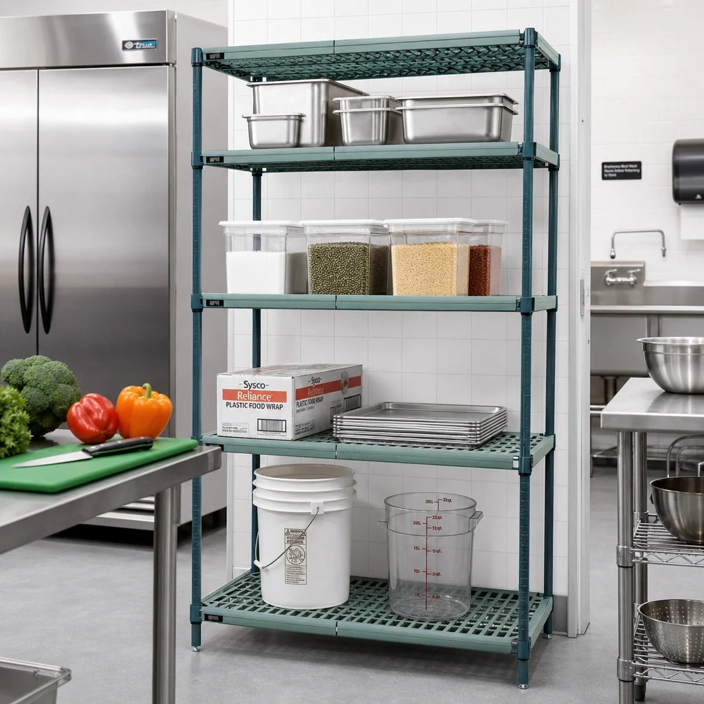 Quantum WR74-2430WPM 4-Tier Stationary Wire Plastic Mat Shelving Unit, 30 x 24 x 74 in, Green Epoxy Antimicrobial