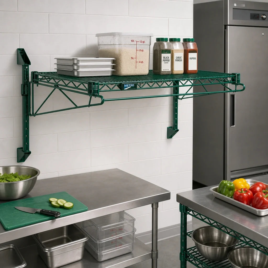 Quantum WC14-CB1454P Wall-Mount Cantilever Single Shelf Kit, 54-Inch Wide x 14-Inch Deep, Green Epoxy Antimicrobial Finish