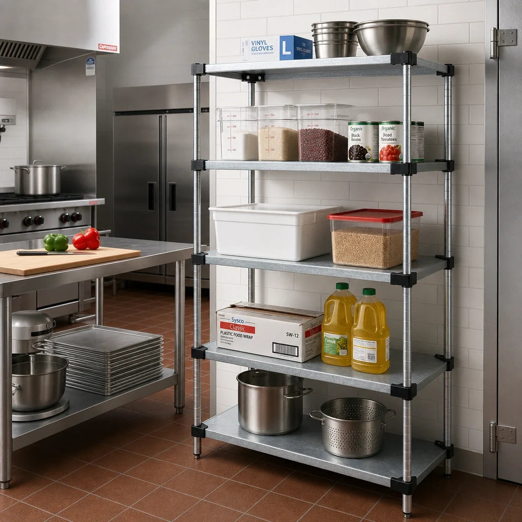 Quantum WR74-2124SG-5 Stationary Solid Shelving Starter Kit, 5 Galvanized Steel Shelves, 24"W x 21"D x 74"H