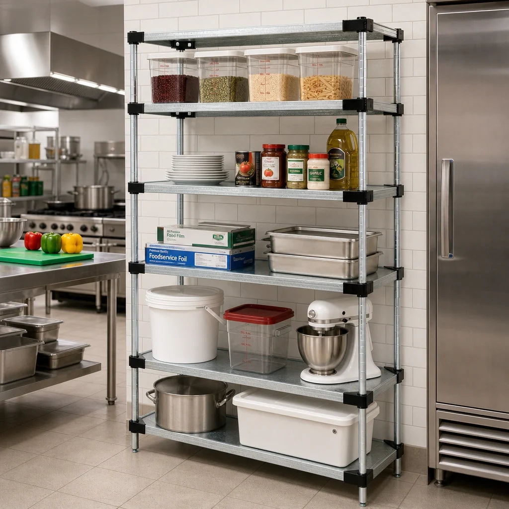 Quantum WR54-1436SG-5 Stationary Solid Shelving Starter Kit, 36"W x 14"D x 54"H, 5 Shelves, Galvanized Steel with Chrome Posts