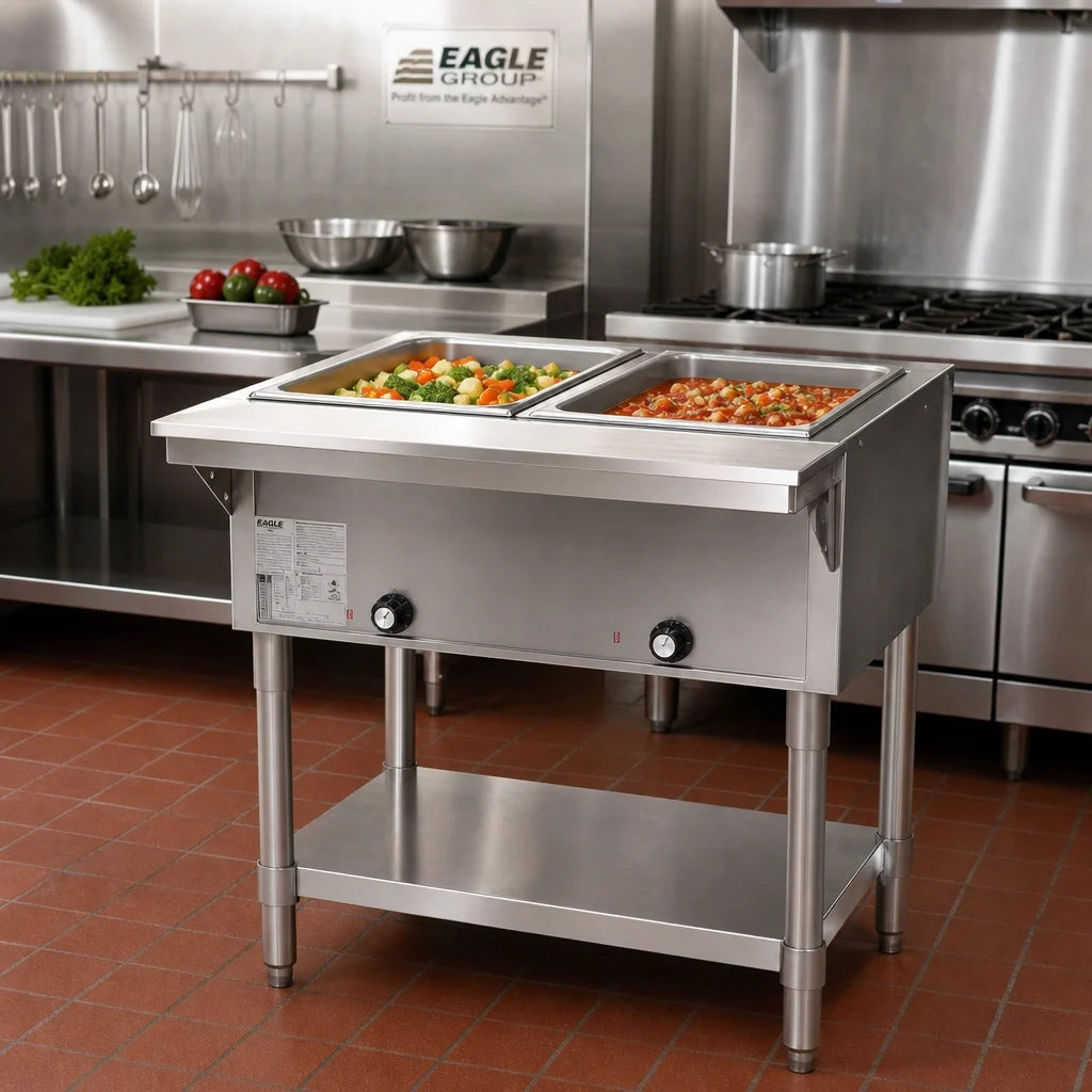 Eagle Group SHT2-NG 33-Inch Natural Gas Hot Food Table, Open Base, 2 Dry Wells, Stainless Steel, 8-Inch Cutting Board