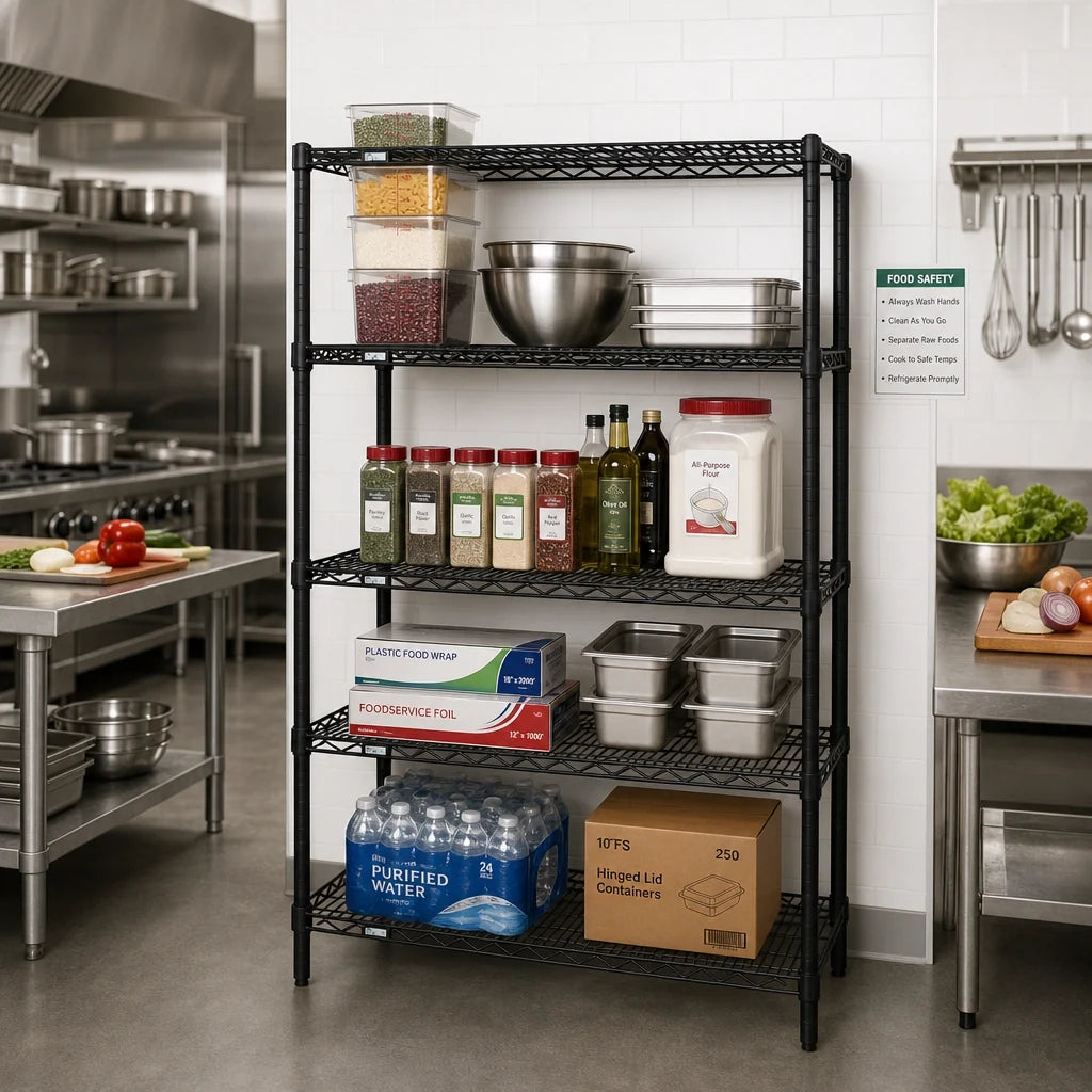 Quantum WR63-2442BK Stationary Wire Shelving Starter Unit, 42"W x 24"D x 63"H, 4 Shelves, Black Epoxy Finish