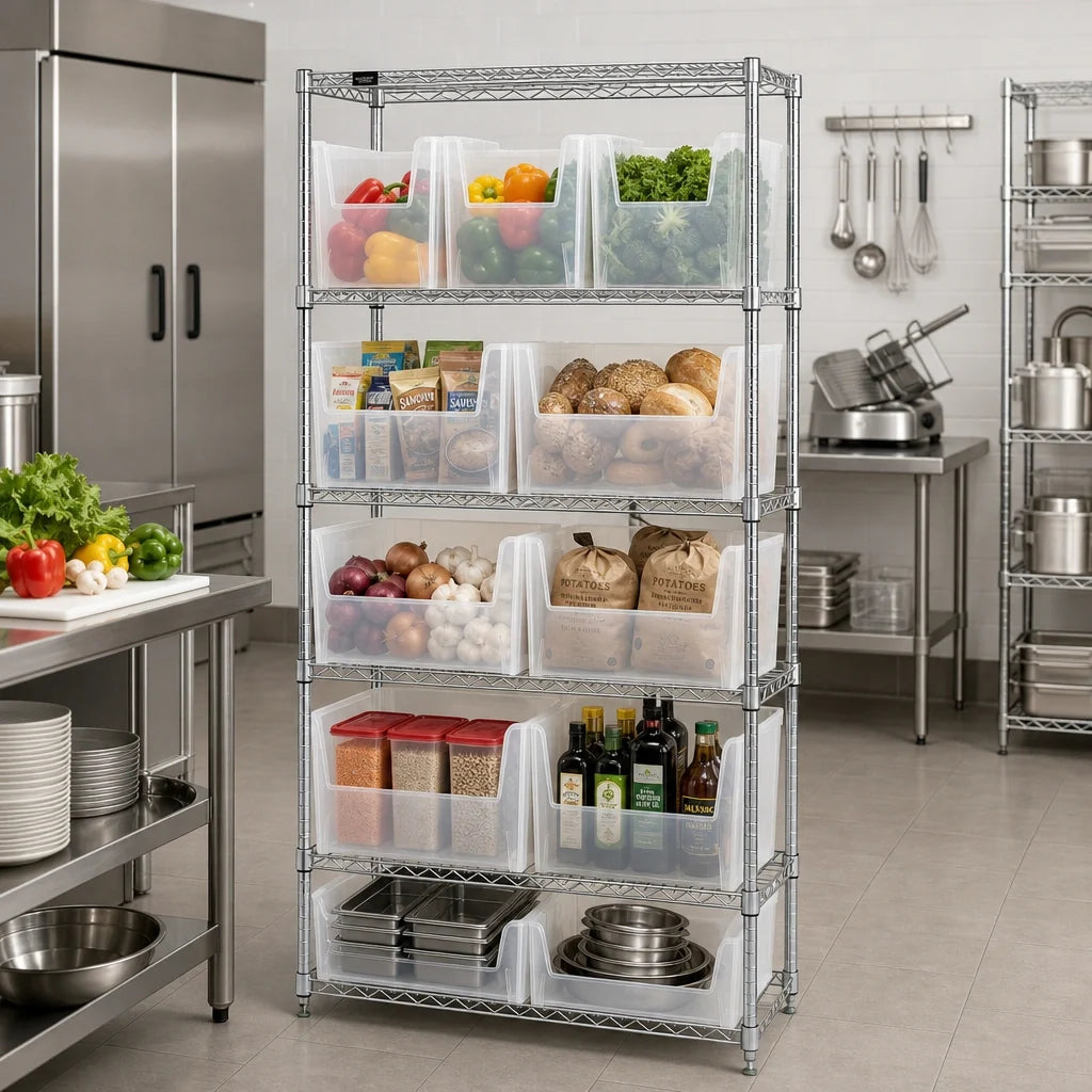Quantum WR5-600800CL Bin Wire Shelving System, 36"W x 18"D x 74"H, Chrome, 5 Shelves with 10 Clear Bins