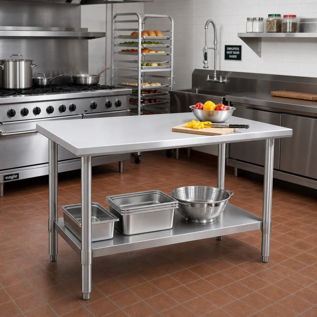 Eagle Group Spec-Master T3648SE 48"W x 36"D Stainless Steel Work Table, 14-Gauge 300 Series Flat Top, Adjustable Undershelf
