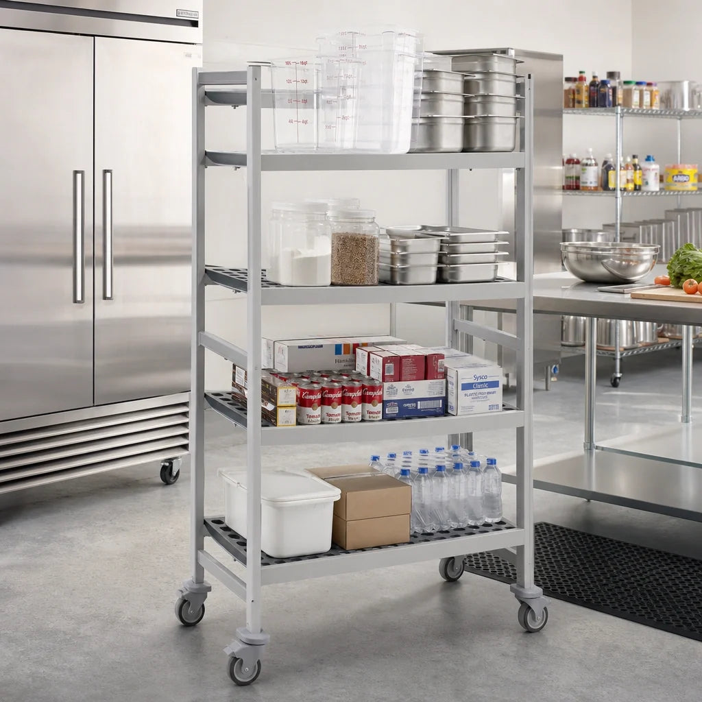 Fermod Fermostock 4R31B71M 4-Tier Perforated Mobile Shelving Unit, Removable Polymer Inserts, 31 x 18 x 71 Inches, Gray