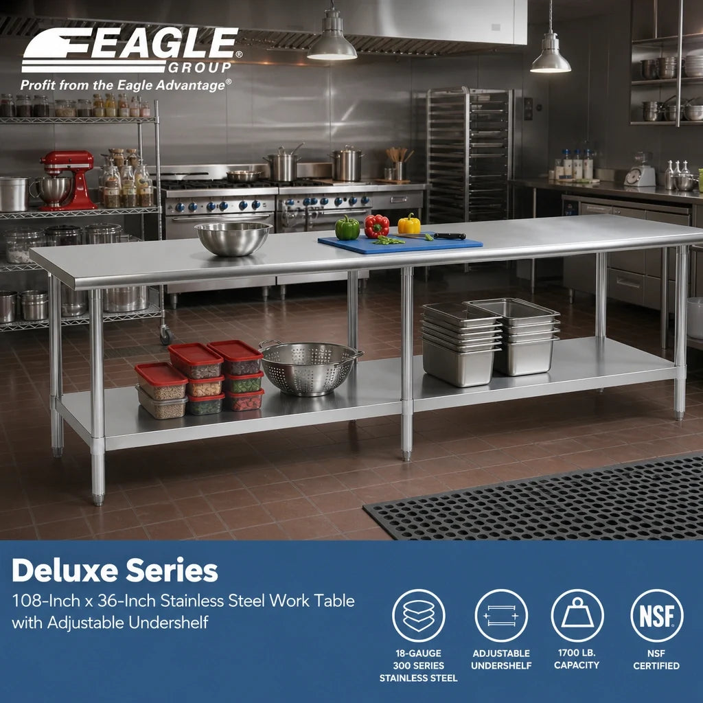 Eagle Group Deluxe T36108EB 108 x 36-Inch Stainless Steel Work Table with Adjustable Galvanized Undershelf, 16-Gauge 300 Series Top