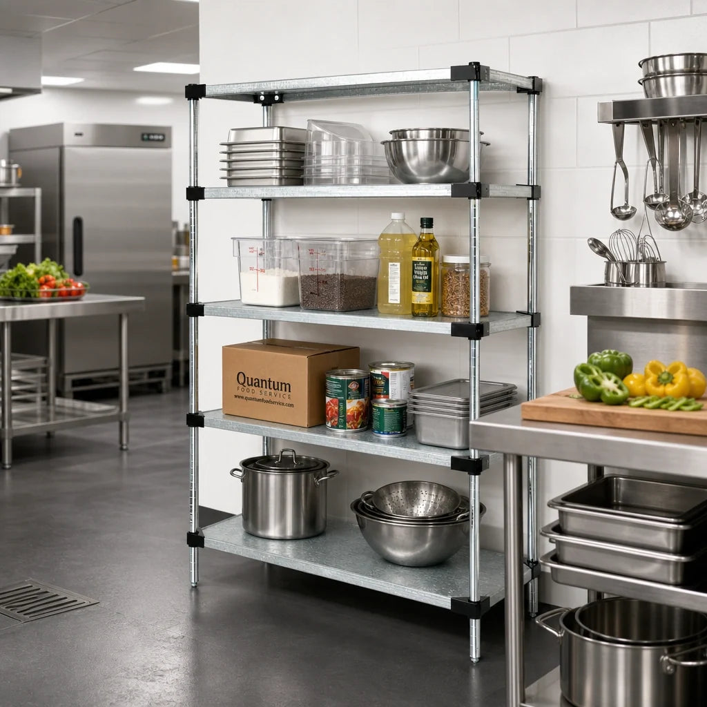 Quantum WR74-2142SG Stationary Solid Shelving Starter Unit, 42"W x 21"D x 74"H, 4 Galvanized Steel Shelves, Chrome Posts