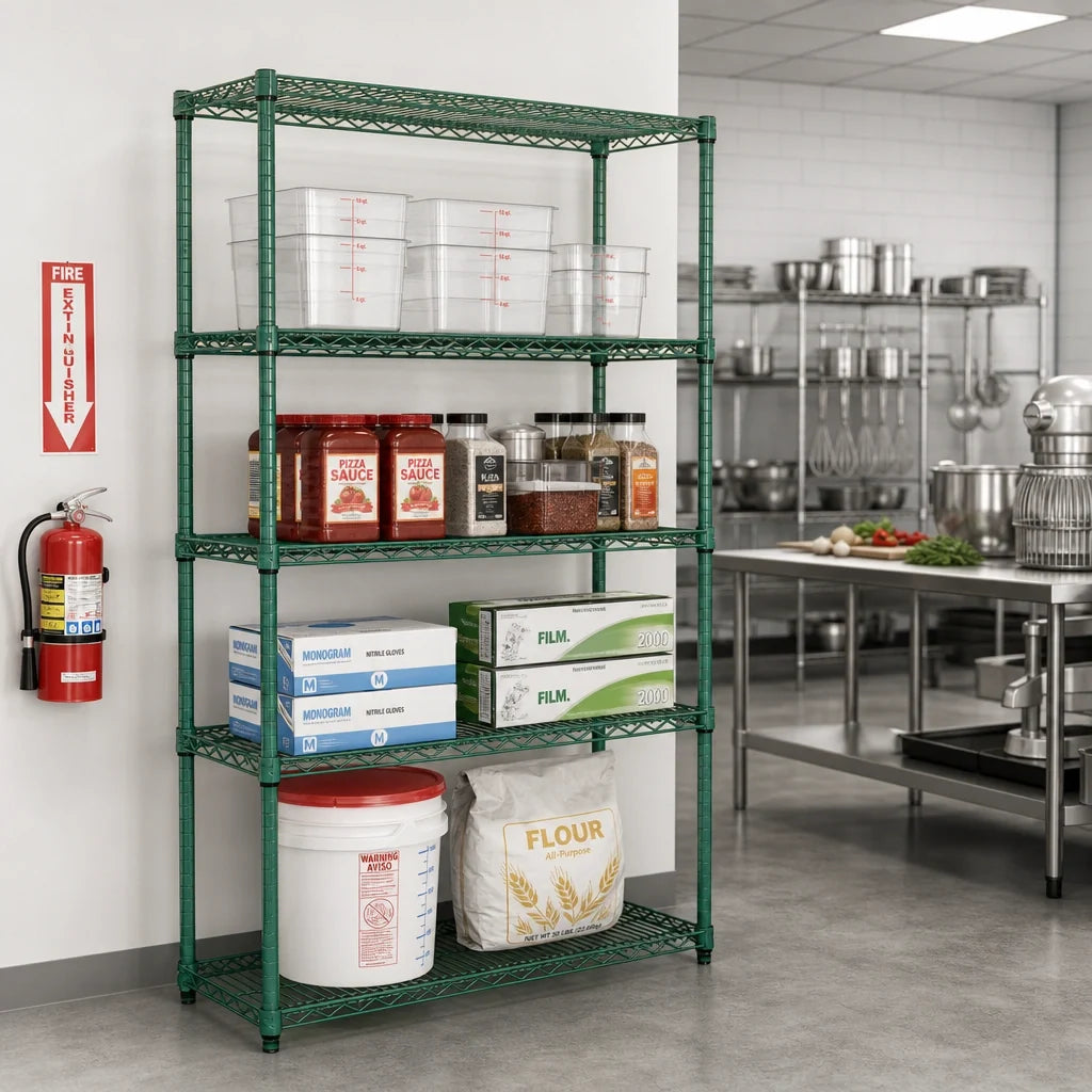 Quantum WR86-2430P Wire Shelving Starter Unit, 30"W x 24"D x 86"H, 4 Shelves, Green Epoxy Finish