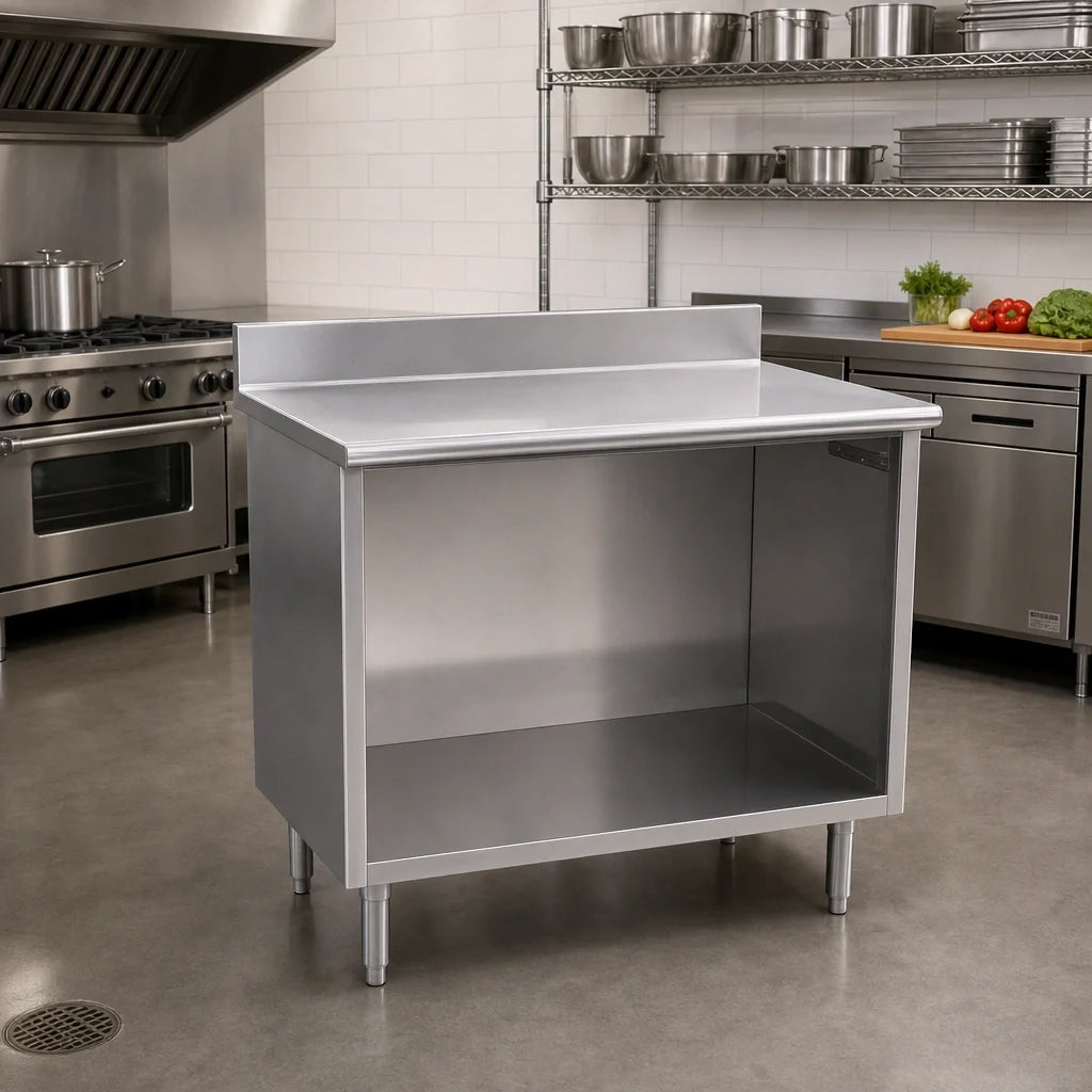 Eagle Group Spec-Master OB3072SE-BS Open-Front Stainless Steel Cabinet Base Work Table, 72 x 30 in, 14-Gauge 304 Top, 4-1/2 in Backsplash