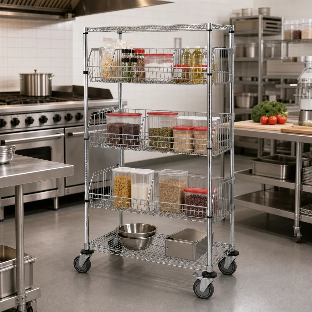 Quantum M1848BC6C Mobile Chrome Basket Storage Unit with 3 Adjustable Baskets, 2 Wire Shelves, and Casters, 48 x 18 x 69 Inches