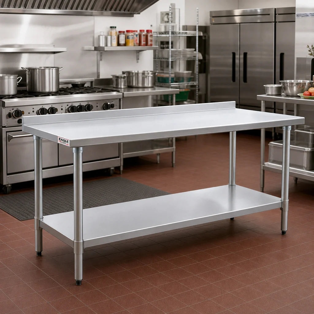 Eagle Group Budget Series UT36120SB 120-Inch 430 Stainless Steel Work Table, 36-Inch Deep, Rear Upturn, Adjustable Undershelf