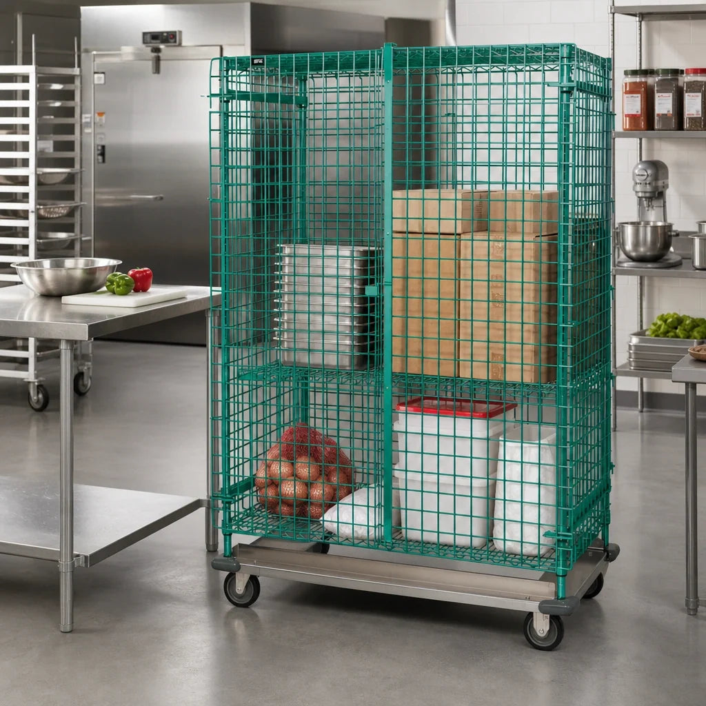 Quantum MD1860-70SECP Mobile Wire Security Cage with Dolly Base, 60 W x 18 D x 70 H, Green Epoxy-Coated Finish