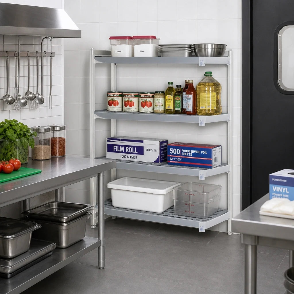 Fermod Fermostock 4R35A66-CE 4-Tier Corner Expansion Polymer Shelving Add-On Unit, 66"H x 35"W x 14"D, Gray, Perforated