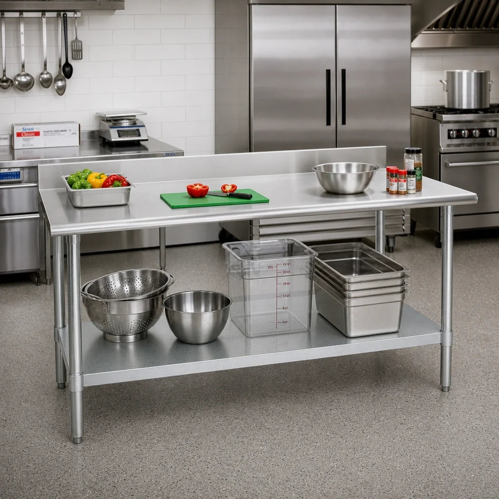 Eagle Group Spec-Master T24120E-BS 120 x 24-Inch 14-Gauge 300 Series Stainless Steel Work Table with Backsplash and Galvanized Undershelf