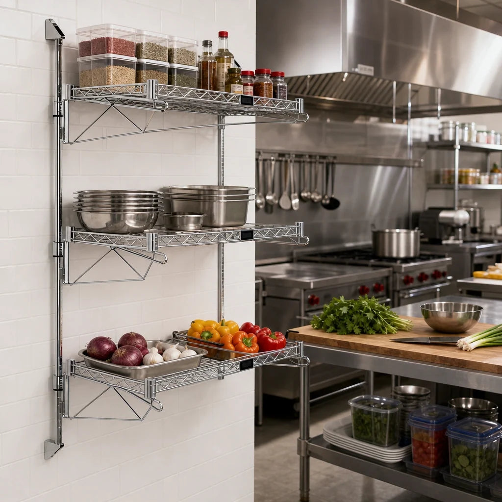 Quantum WC54-CB2148C Wall-Mounted Cantilever Shelf Starter Unit with 3 Wire Shelves, Chrome-Plated