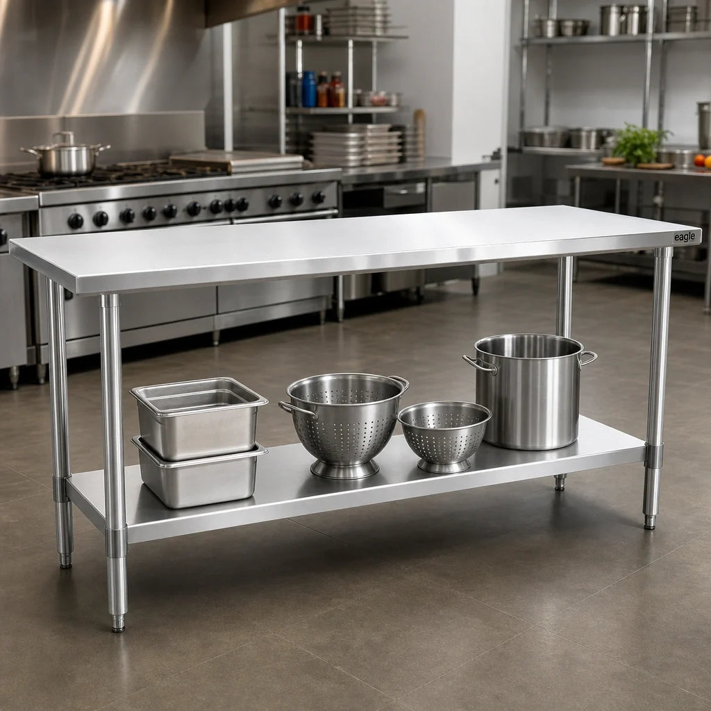 Eagle Group Spec-Master T24120SE 120" x 24" Stainless Steel Work Table, Flat Top, 14-Gauge 300 Series Top, Rolled Edge, Adjustable Undershelf