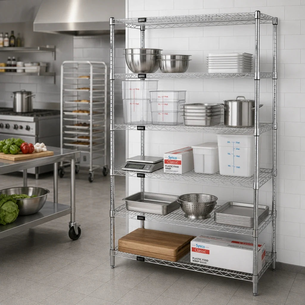 Quantum WR74-3648C-5 Stationary Wire Shelving Starter Kit, 48"W x 36"D x 74"H, 5 Shelves, Chrome Plated