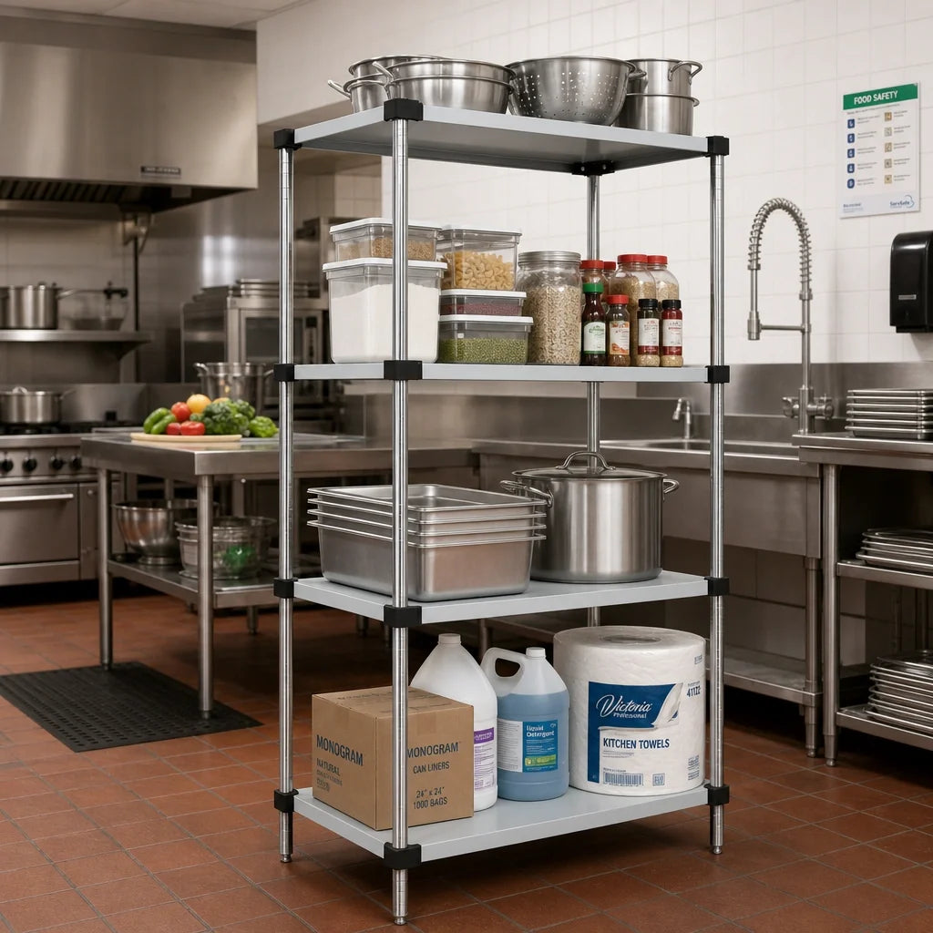 Quantum WRS4-74-2424SS 4-Shelf Solid Stainless Steel Stationary Shelving Starter Kit, 24"W x 24"D x 74"H