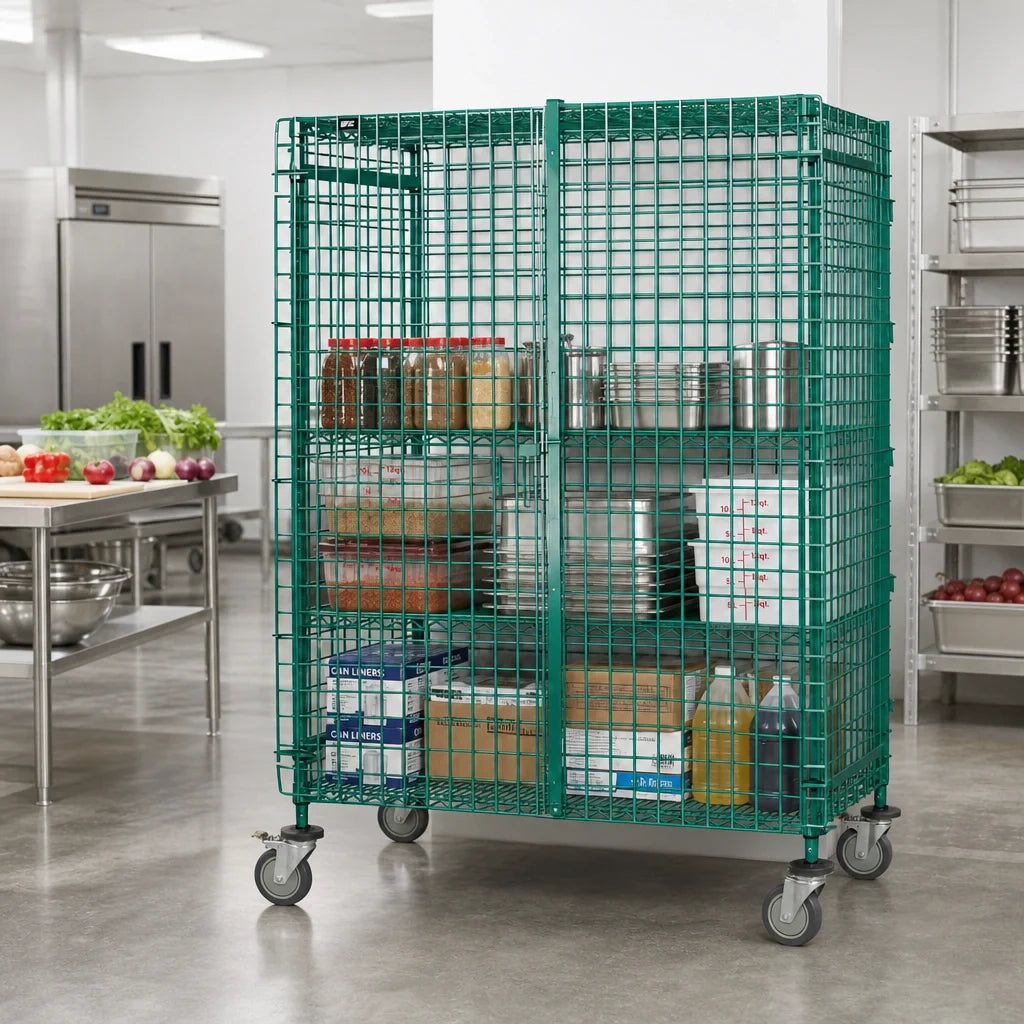 Quantum M2460-69SECP Mobile Wire Security Unit with Locking Panel Doors, Green Epoxy, 60"W x 24"D x 69"H