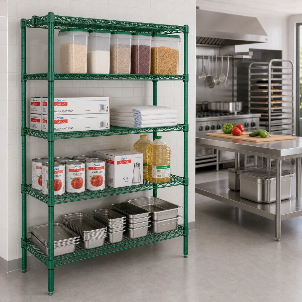 Quantum WR54-3042P 4-Shelf Stationary Wire Shelving Starter Kit, 42"W x 30"D x 54"H, Green Epoxy Finish