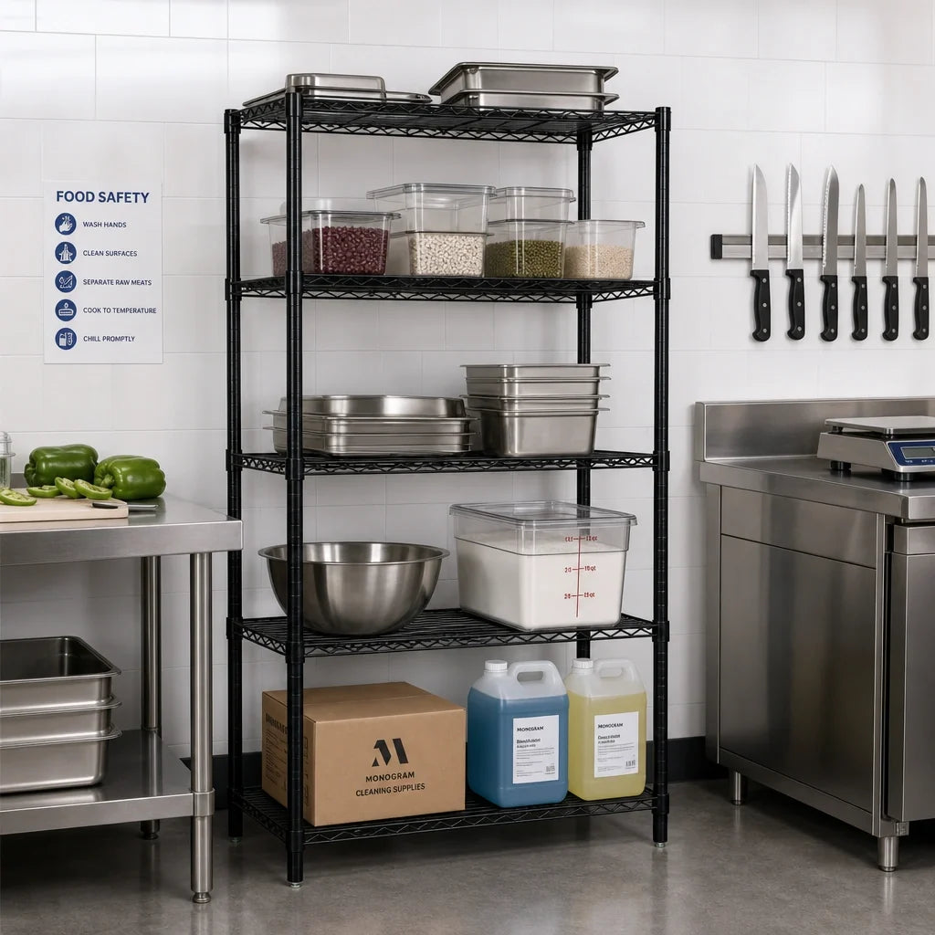 Quantum WR54-1442BK-5 Wire Shelving Starter Unit, 42"W x 14"D x 54"H, 5 Shelves, Black Epoxy Finish
